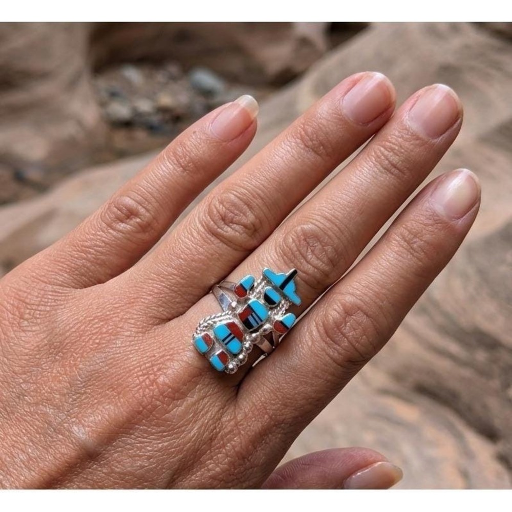 Zuni Kachina Inlay Ring Sterling Silver Multi Stones Signed Jewelry Sz 7.5US